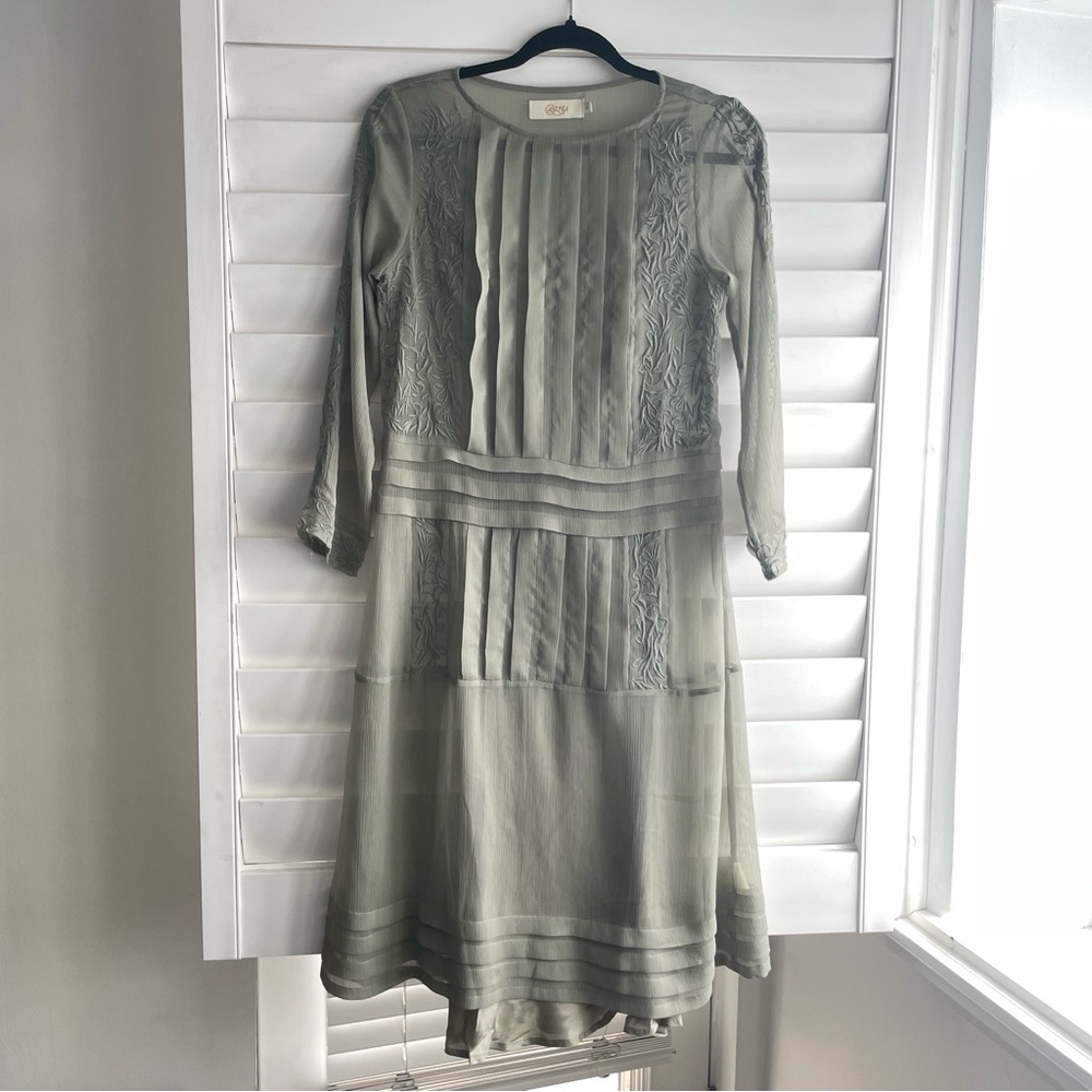 Candela Anthropologie Sage Green Dropped Waist Chiffon Dress size XS
